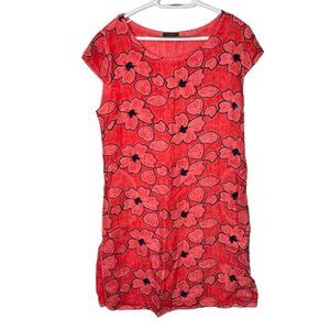 Lungo L’Arno Women’s Red Floral Linen MIDI Dress Bloomchic Cap Sleeve Size Large
